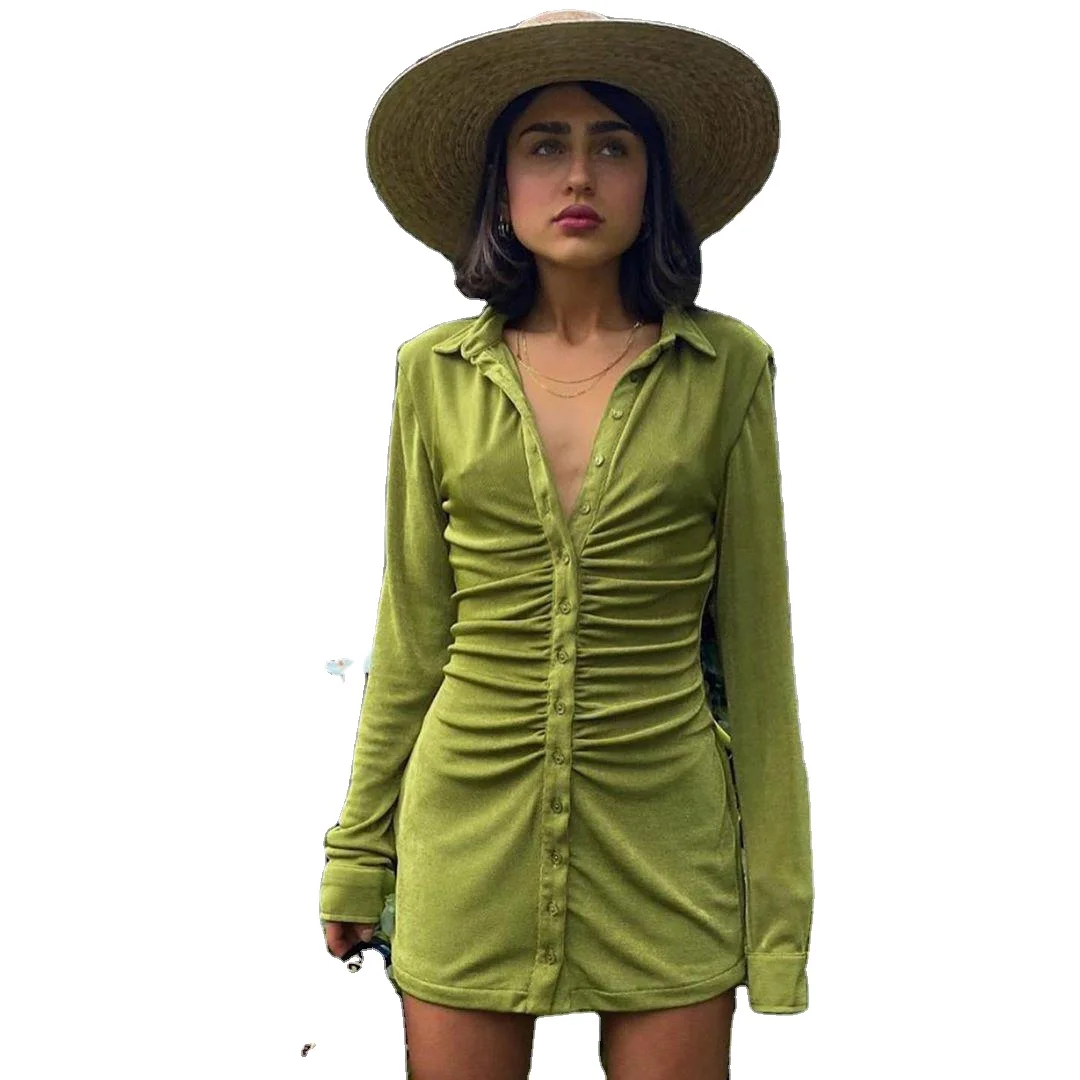 

Fashion Style sexy buttoned dress long-sleeved lapel crease bodycon dress, Customized colors