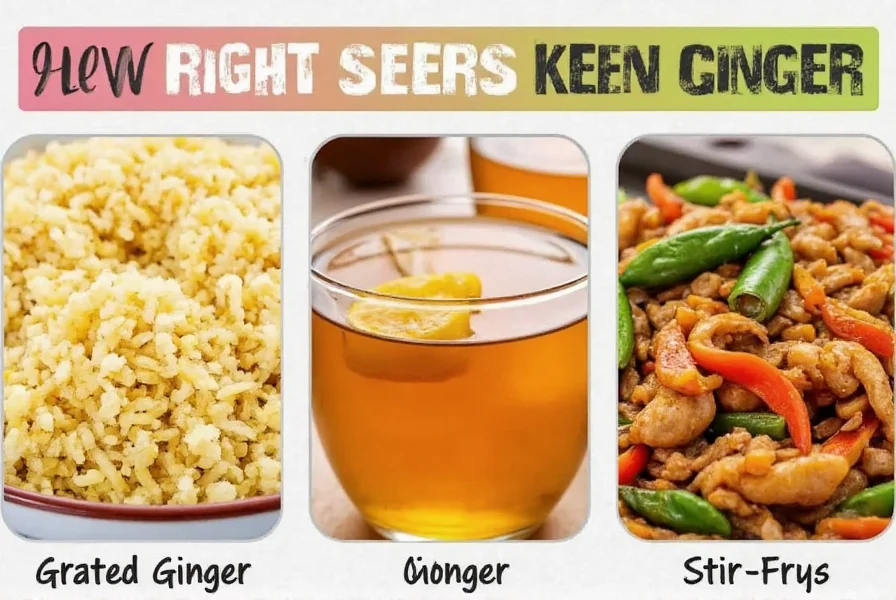 Various ways to use ginger in cooking including grated ginger in a bowl, ginger tea, and ginger in a stir-fry