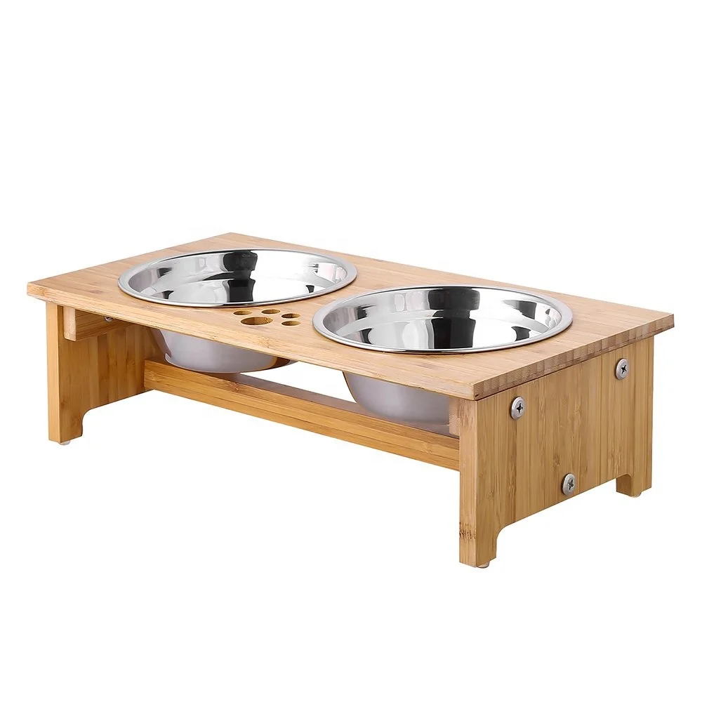 

Adjustable Bamboo wood Raised Small Pet Bowls Elevated Feeder for Dogs Cats Food and Water Bowls stand animal Feeder, Gray