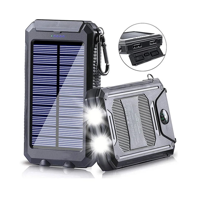 

20000mAh Portable Solar Power Bank with 1.5W Efficient Solar Panel Compass LED Flashlight 2 Output Ports camping solar charger