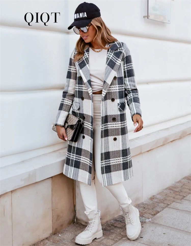 

Latest Design Loose Double-Breasted Houndstooth Lapel Woolen Coat Straight Long Coat Women