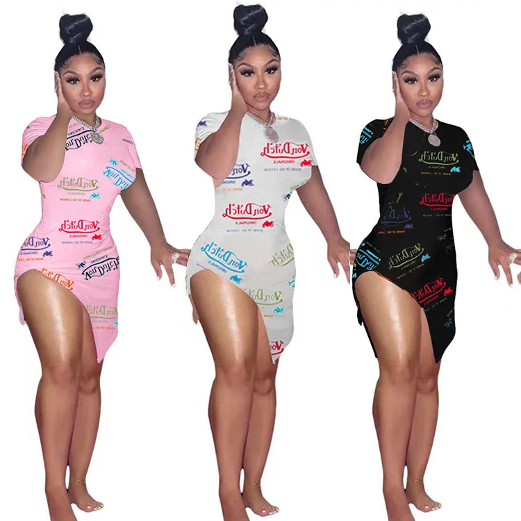 

2021 New Arrivals von dutch Graffiti print short sleeve T-shirt dress woman bodycon dress with slit leisure wear