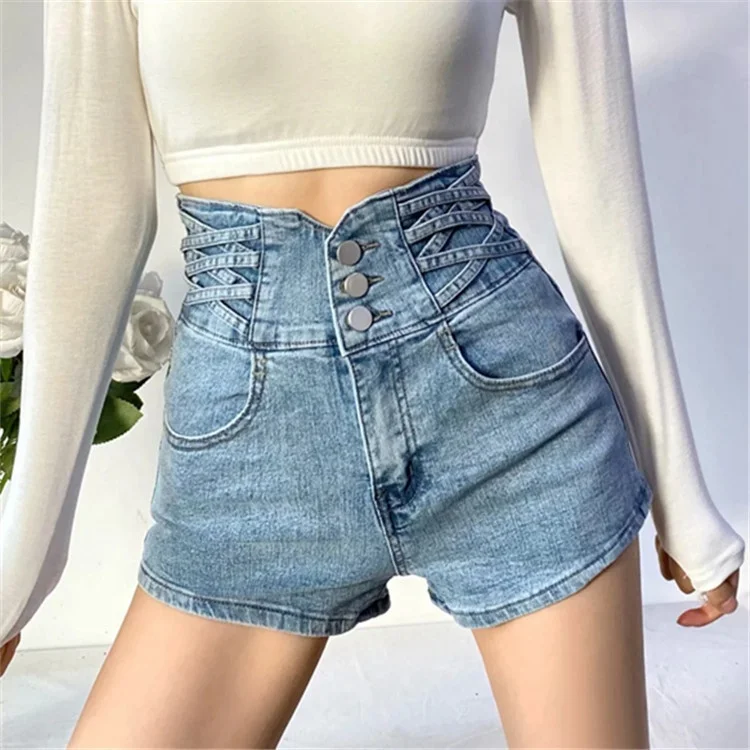

B64115A Summer loose-fitting fashion tight high waist bandage denim shorts, Black/light blue