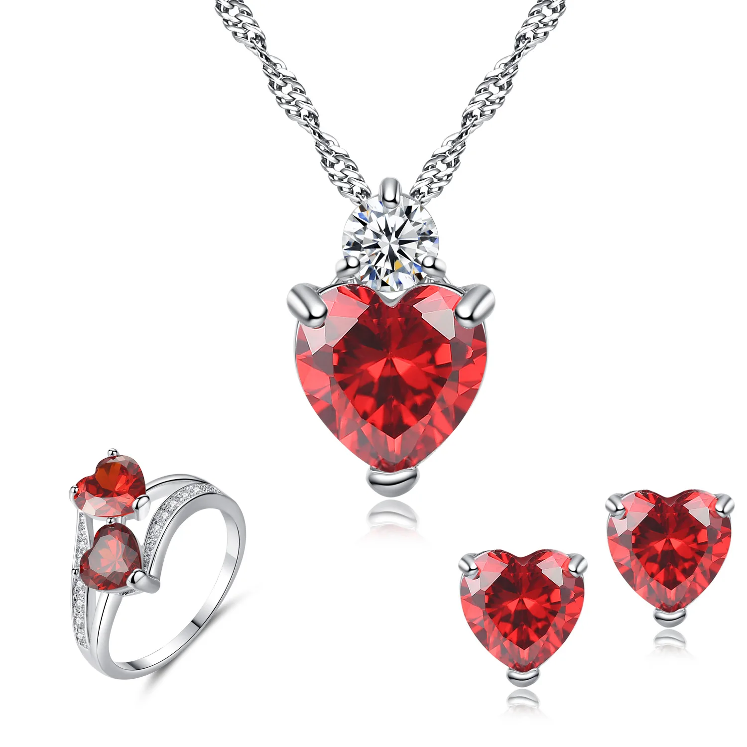 

Women Fashion Wedding Jewelry Red Crystal Heart Pendant Necklace Set Love Heart Diamond Necklace Earrings Ring Set