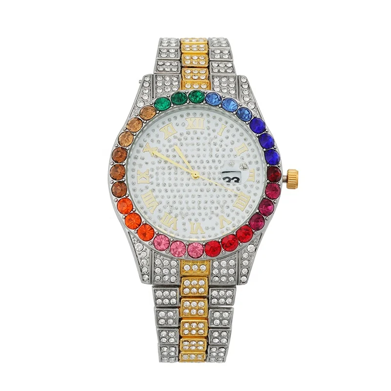 

Star Dust Colorful Rainbow Baguette Diamond Studded Watches Men Wrist Gold Bling Hip Hop Fully Iced Out Watch