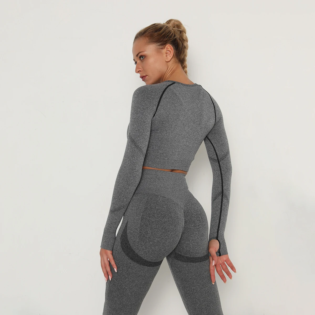 

Custom Logo Women 2021 Fitness Long Sleeve and Leggings Pink Gym Clothing Workout Seamless Yoga Set, As picture