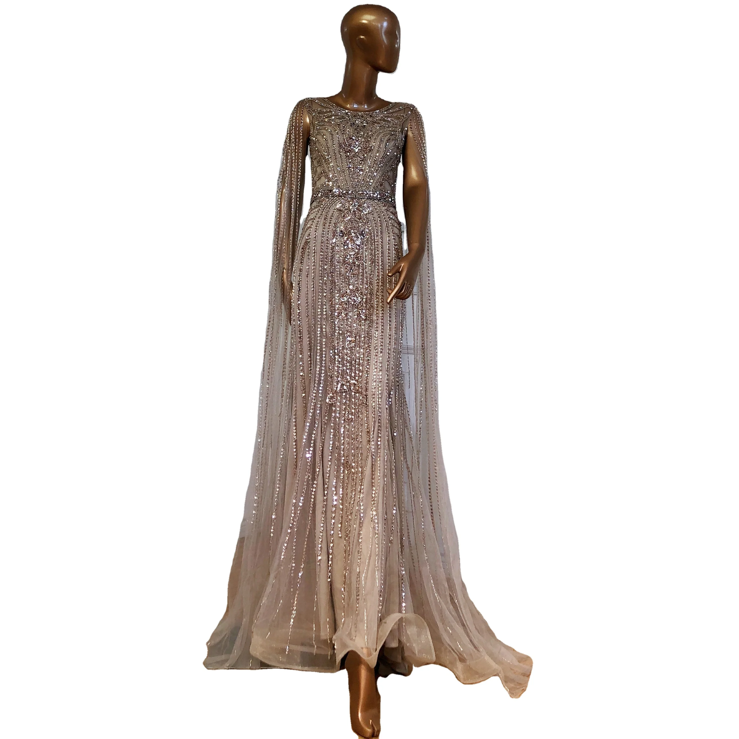 

Taupe Cape Sleeves O Neck Beaded Evening Dresses Serene Hill LA70638 Mermaid Party Wear Gowns For Women