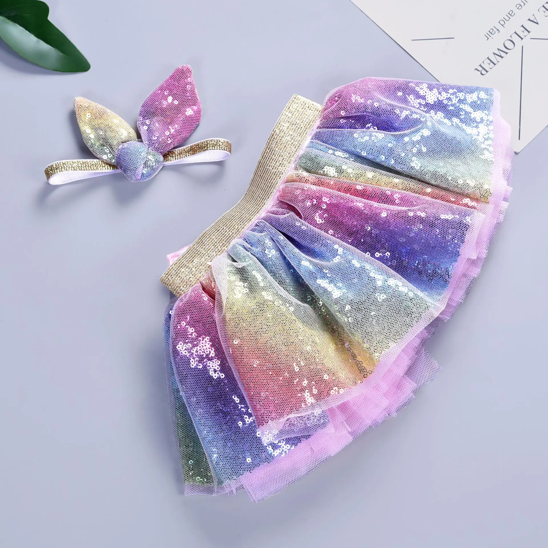 

New arrival fashion cute rainbow sequin tutu dress with headband