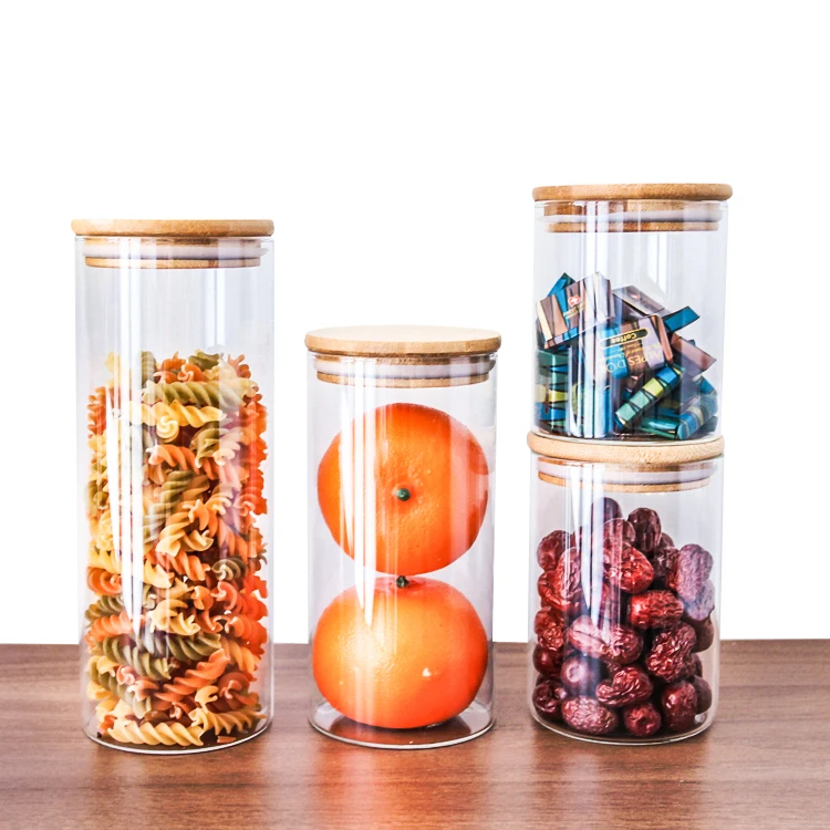 

Wholesale Home Use Different Size High Borosilicate Glass Kitchen Canisters Bamboo Lids Clear Airtight Glass Food Storage Jar