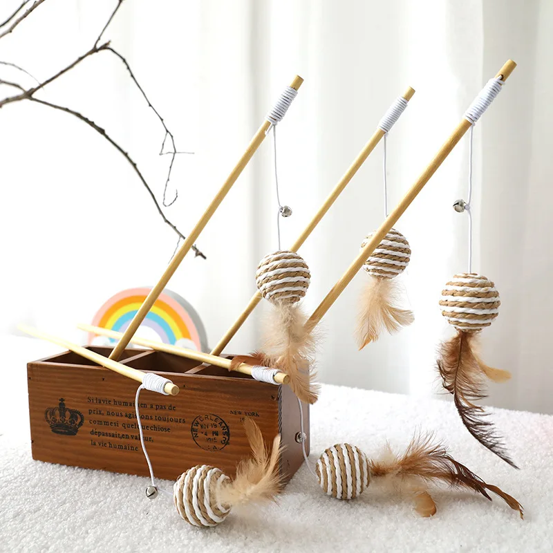 

Cat toy feather bell mouse to relieve boredom wooden pole funny cat stick interactive self-hey wooden funny cat stick wholesale, Picture