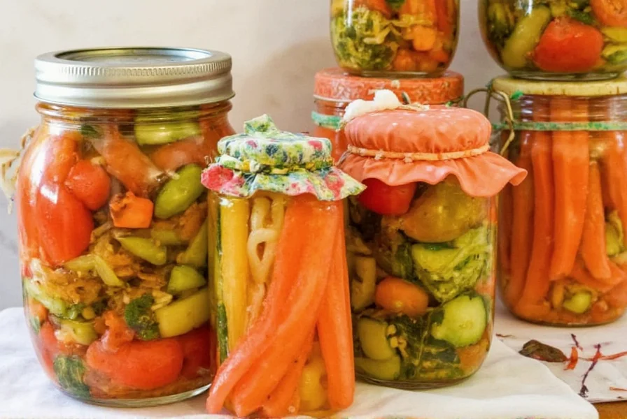 Smiling person holding homemade giardiniera jars