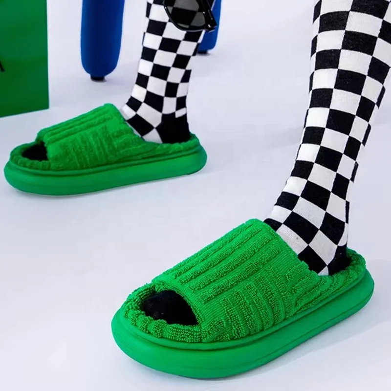 

Soft Bottom Comfortable Peep Toe Toweling Shoes Home Slippers for Women Teddy Plush Wholesale Flats Slides, Black,green,pink