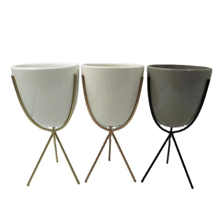 

Home decorative round ceramic dolomite flower pot with metal stand, As photo