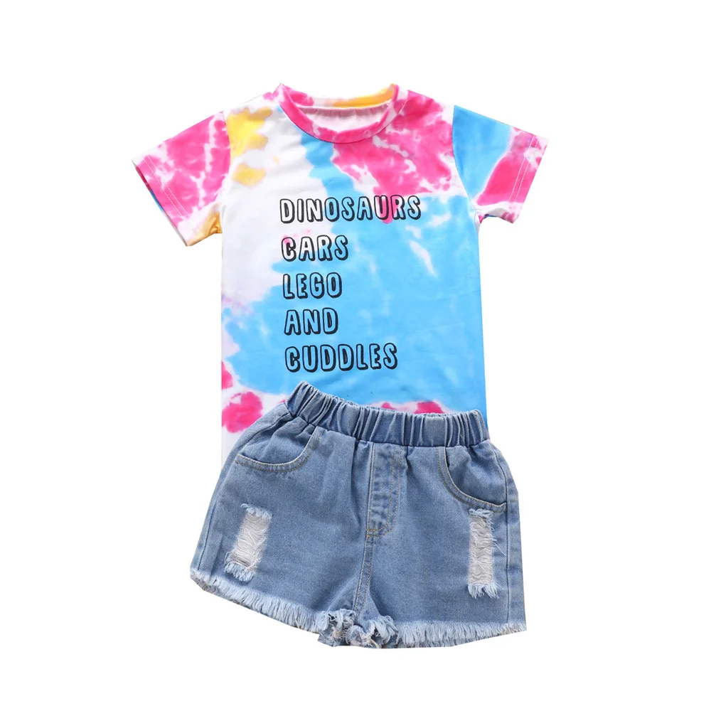 

Tie dyed short sleeve top and loose fit denim shorts boy clothing sets 2 pieces children clothes sets boys