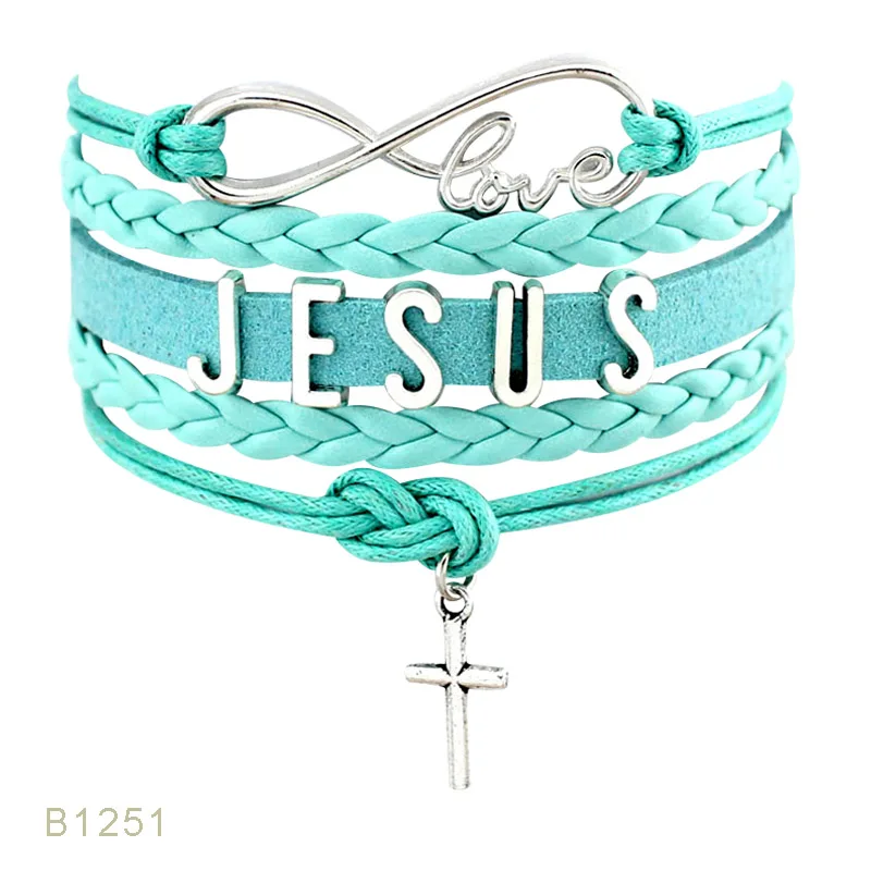 

Factory Faith Believe Fearless Infinity Love Courage Jesus Loves Me Forgiven Sideways Cross Christian Leather Bracelets, Silver plated