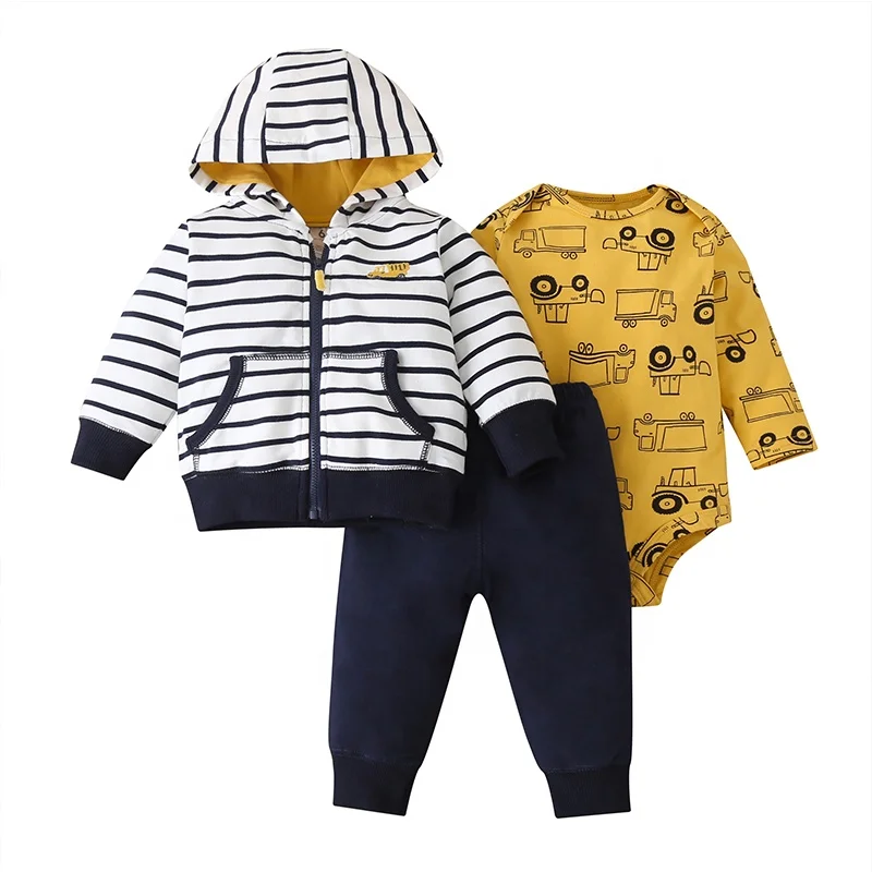 

RTS England Style Cartoon Car Printed Autumn Long Sleeve Newborn Boy Clothes 3pcs Set
