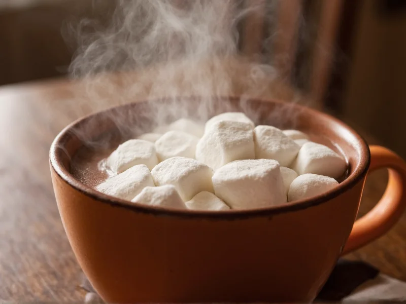 Homemade marshmallows melting in steaming mug of hot chocolate