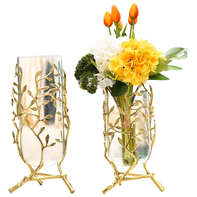 

Home Decor Modern Art Luxury Golden branch Crystal craft flower arrangement glass vase for tabletop accessoires de maison