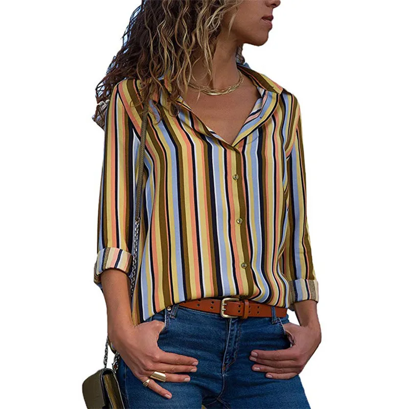 

High Quality Women Stripe Long Sleeve V neck Loose elegant Office Chiffon ladies top blouse