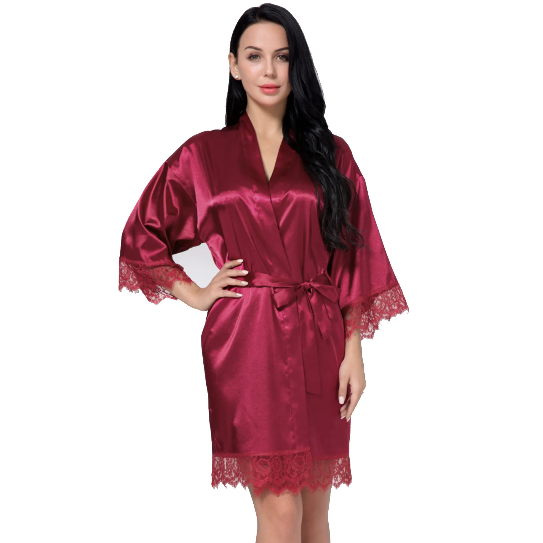 

New Wholesale Romper Sleepwear Sexy Silky Robe Femme Pajamas Satin Robe With Lace, Navy blue, rose gold, black, blue, burgundy, pink...