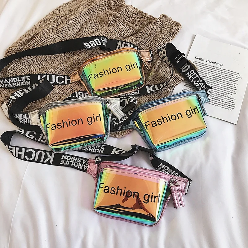 

custom logo letter print crossbody girls clear holographic laser waist bag pvc fanny pack for women, Customized color