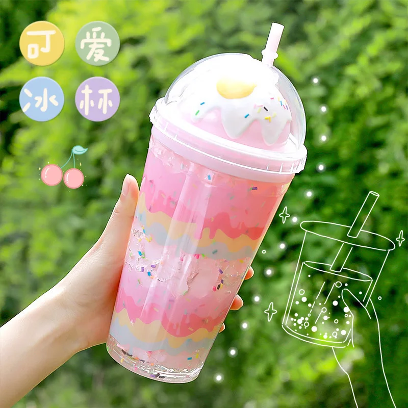 

Wholesale summer ice cup double layer plastic cup creative straw water bottle