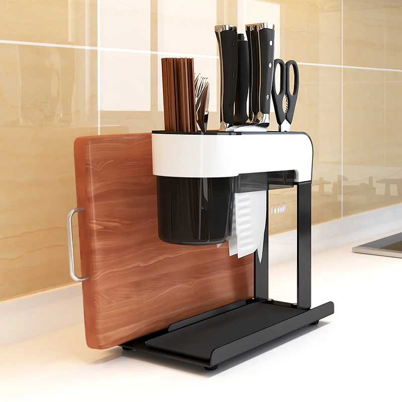 

Stylish multifunctional integrated kitchen knife cutting board shelf space storage rack stainless steel drain rack