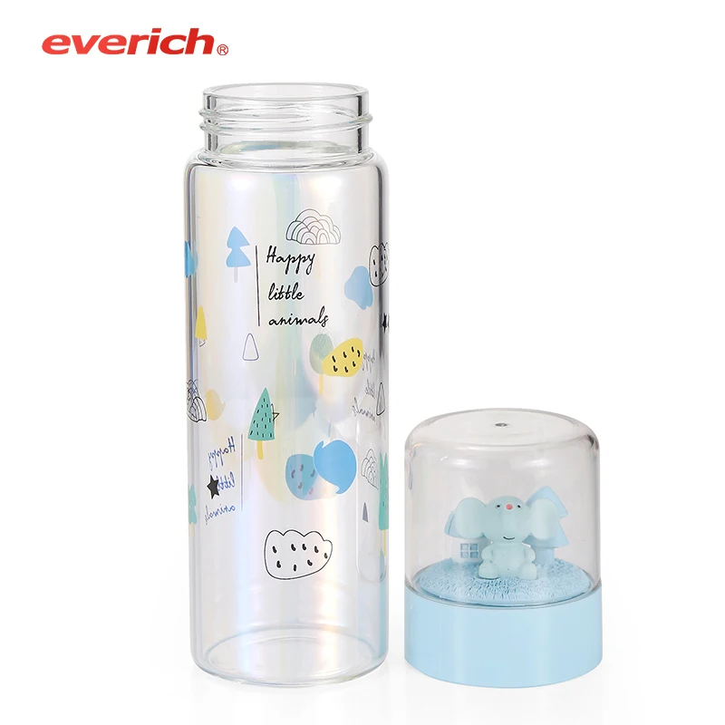 

2021 new design glass water bottle glass cup set for kids eco friendly glass bottle for children with funny lid, Pantone color