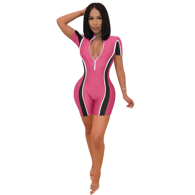 

Wantmove Summer Sexy Front Zipper Short Sleeve Stitching Rompers Bodycon Women Short Jumpsuit JZ542