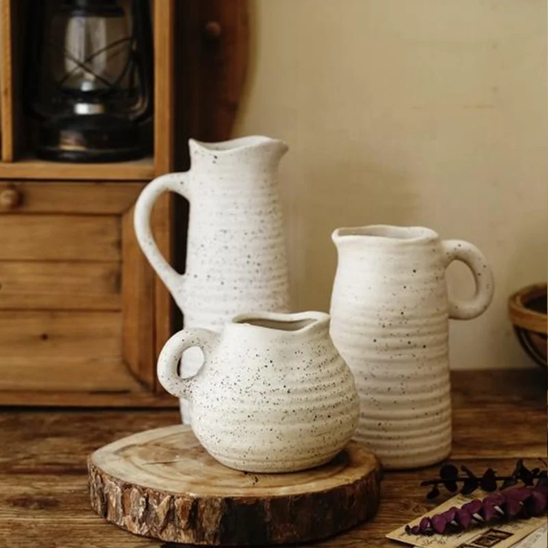 

White Black Speckled Ceramic Vintage Vase Unique Shaped Dried Flower Vase Vintage Creative Pastoral White Matte Flower Vase