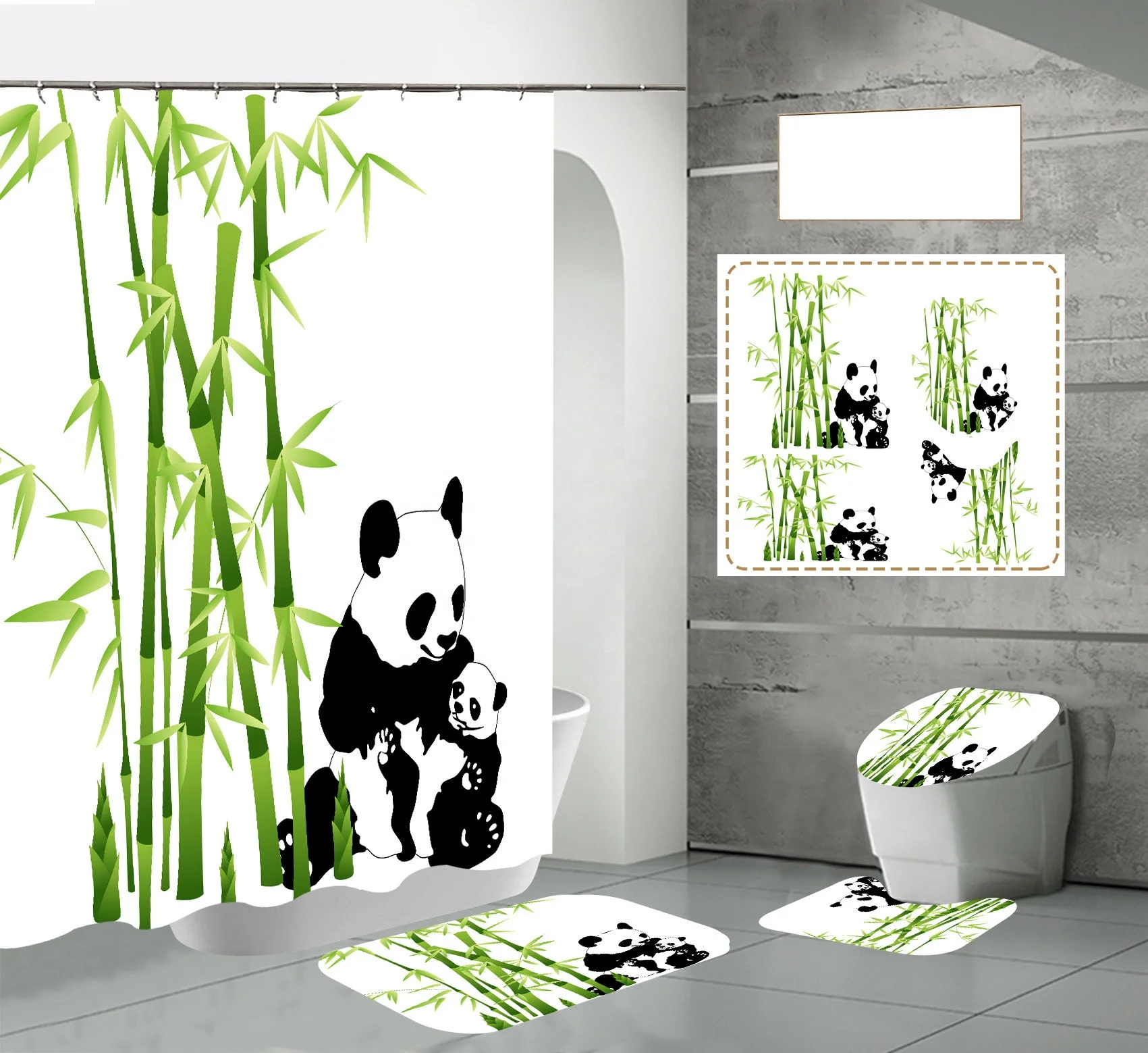 

Panda Printed Bathroom Curtain  Digital Printed Bamboo Printed Shower Curtain Set of 4, Picture