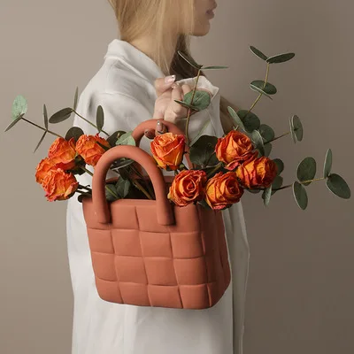 

Nordic Ins Handbag Living Room Porcelain Flower Arrangement Model Room Decoration Flower Vase, Pink