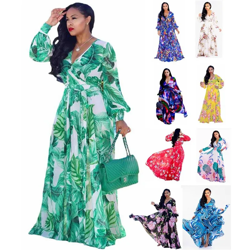 

Lady Chiffon Party Polychromatic Vestidos Beach Long Dress Women Elegant Ruffle Maxi Deep V-neck Long Sleeve Casual Dresses