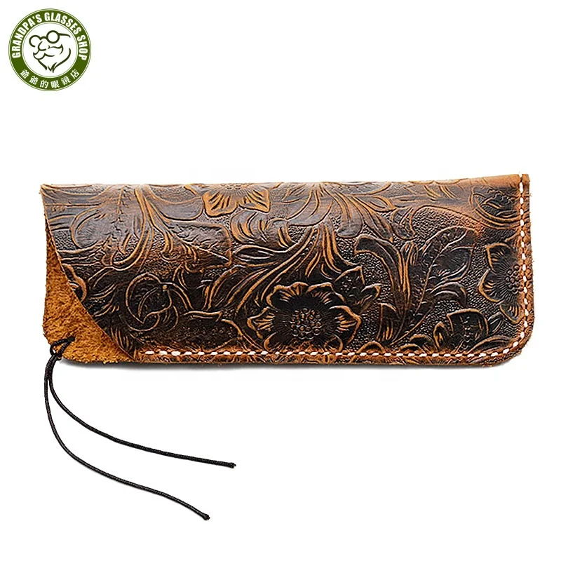 

Wholesale Embossed Flower Vintage Handmade First Layer Cowhide Genuine Soft Leather Reading Glasses Sleeve Eyeglasses Pouch Bag