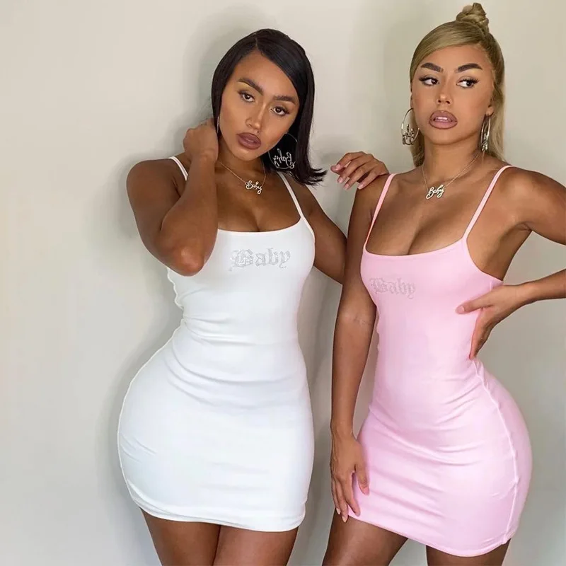 

Rhinestone Outfit For Women Baddie Dress Sexy Summer 2021 Strap Bodycon Midnight Party Mini Dresses Letter Hot, Shown