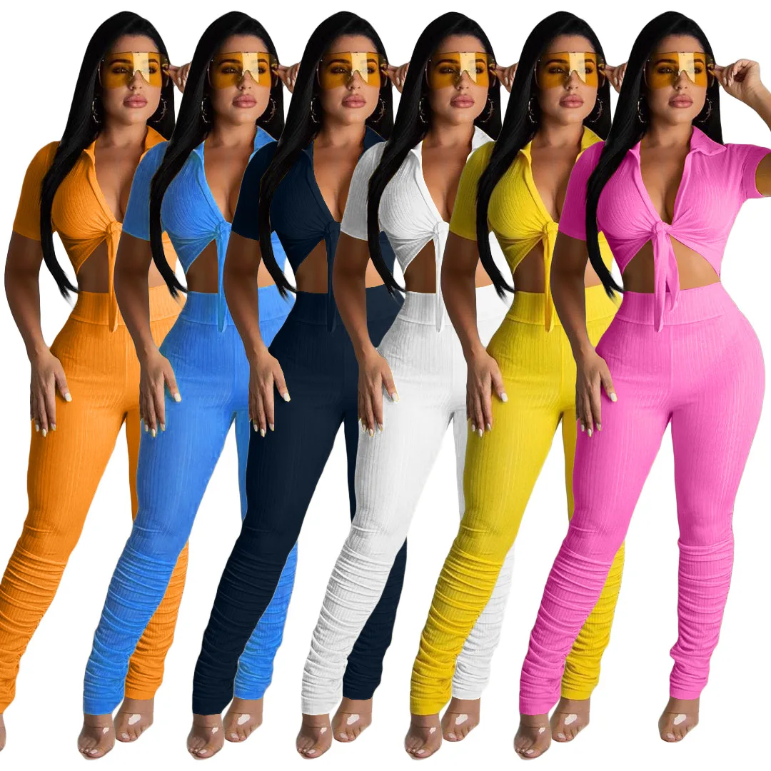 

2020 hot sale fashion pleated trousers bodycon 2 pcs sets outfit for women
