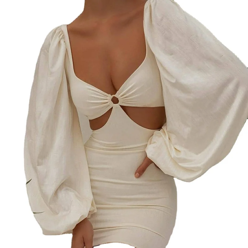 

2022 Spring collection women bubble long sleeve dress hollow out V neck dress fashion women sexy dresses