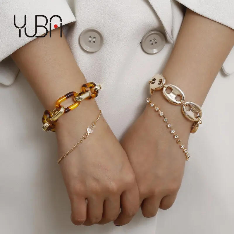 

4pcs Ins Simple Fashion Crystal Layered Bracelet Charm Acrylic Diamond Chain Bracelet Bangles Set For Girls Women