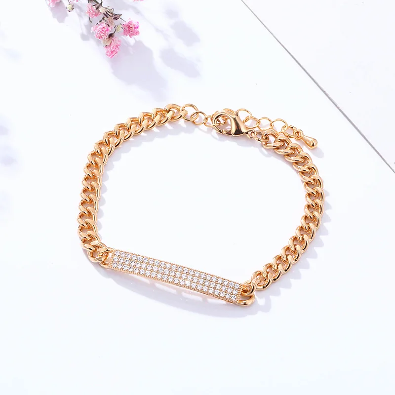 

Fashionable Design Real Gold Plating 316L Stainless Steel Cuban Link Chain Bracelet Crystal Rhinestone Bar Bracelet