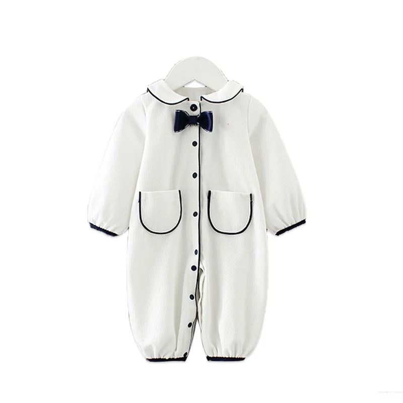 

Autumn Spring Gentleman Style With Bow White Cotton Unisex Baby Children Clothing Outfit Clothes Jumpsuit Rompers, As picture