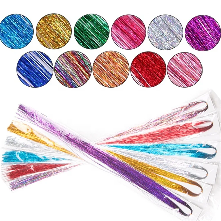 

Long Dazzles Women Hippie for Braiding Headdress 120 Strands/piece Sparkle Shiny Hair Tinsel Rainbow Silk Hair Extensions, Colorful