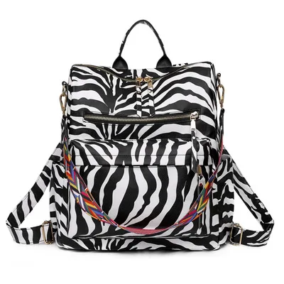 

New Trendy PU Leather Large Capacity Women Backpack Cow Zebra Printing Backpack with Colorful Strap, As pictures