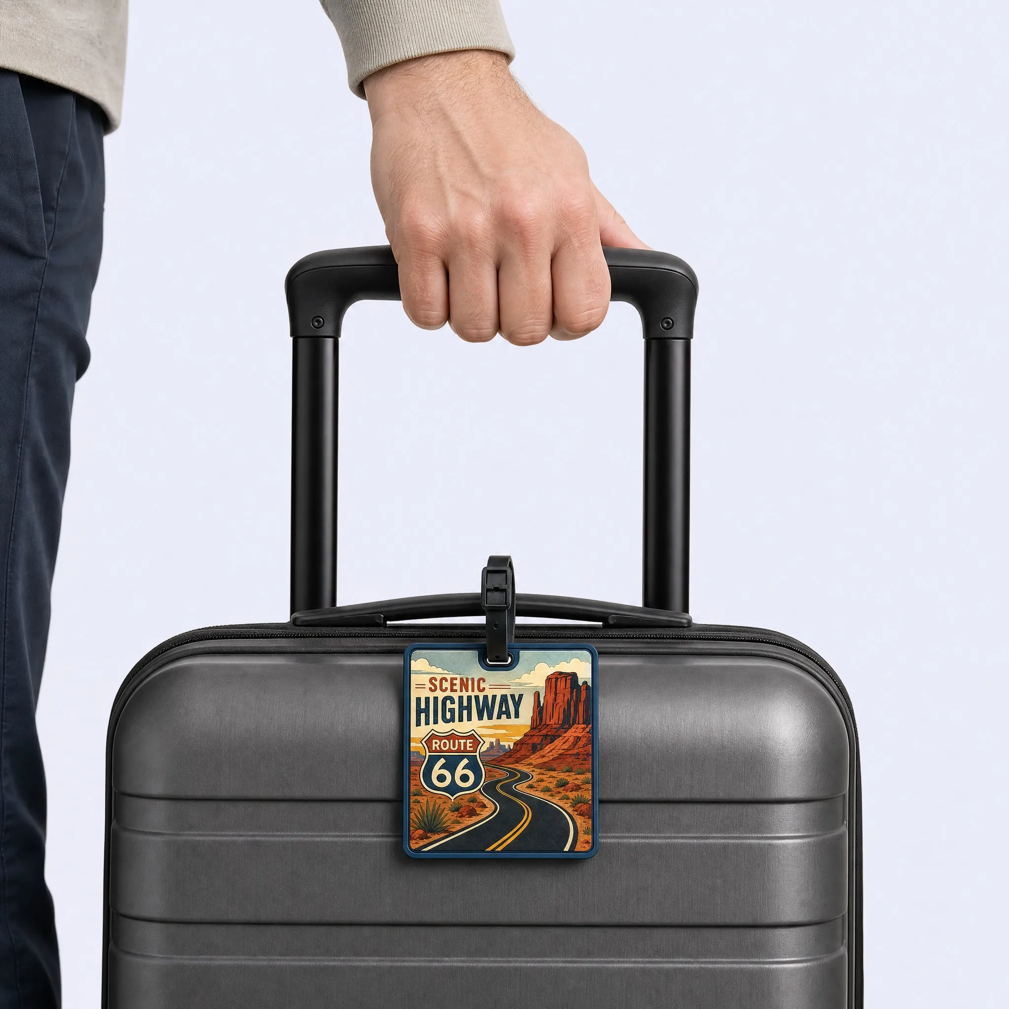 Custom 3D Soft PVC Route 66 Luggage Tag Installed on Dark Grey Suitcase Handle Model Lifestyle