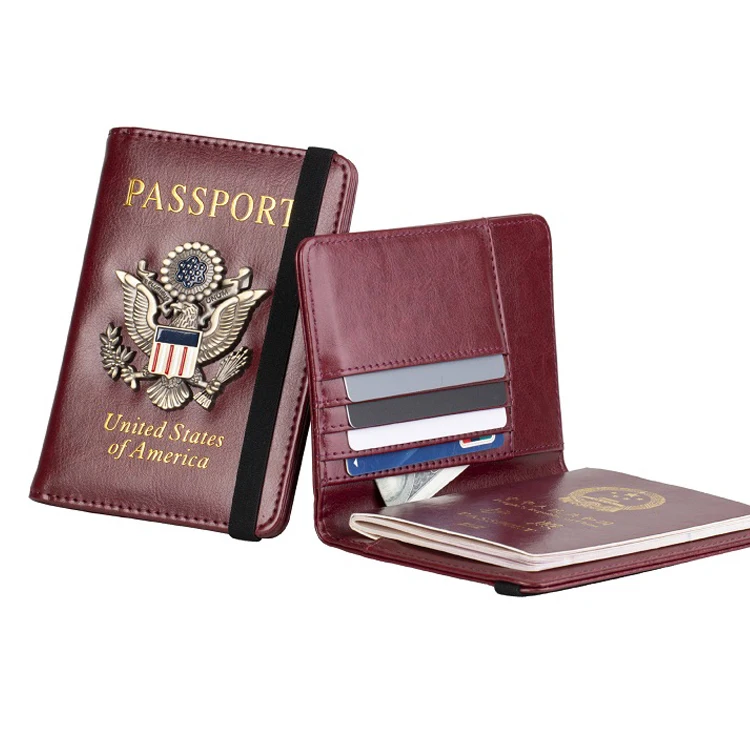 

Vintage PU Leather Passport Holder Multi-card Slots RFID Antimagnetic Bank Card Holder Metal LOGO with Elastic Band, Black, wine red, blue or custom color