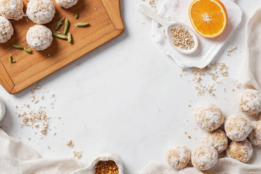 Scandinavian-style baking setup with cardamom pods, orange zest, and cookie dough balls