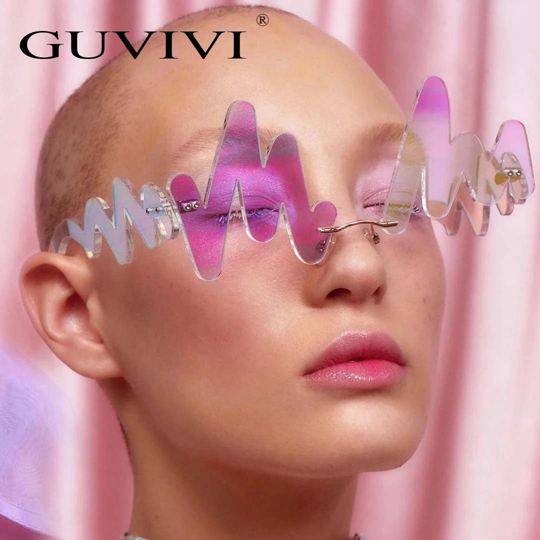 

GUVIVI 2020 Rimless Yiwu sunglasses market Unique colorful Latest women Wave UV400 Wholesale sunglasses, Mix color