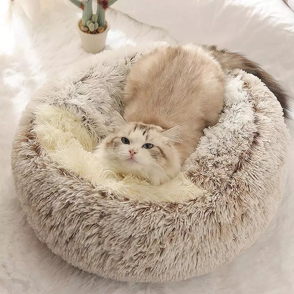 

Chinese factory best price long round rosewood calming dog bed cord plush pet bed amazon