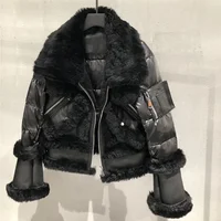 

2019 Winter women chic black overcoat genuine leather jacket 90% white duck down fur puffer real sheepskin shearing fur coat