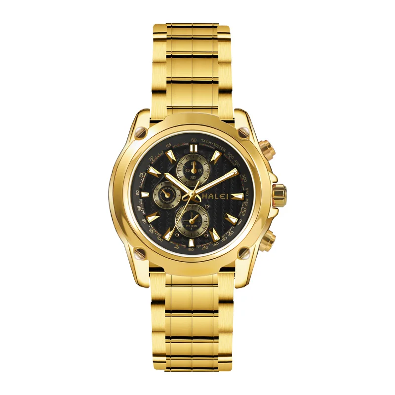 

HALEI Chinese original high quality brand gold wrist watch men Fashionable luxurious and waterproof men quartz watches, 3 colors