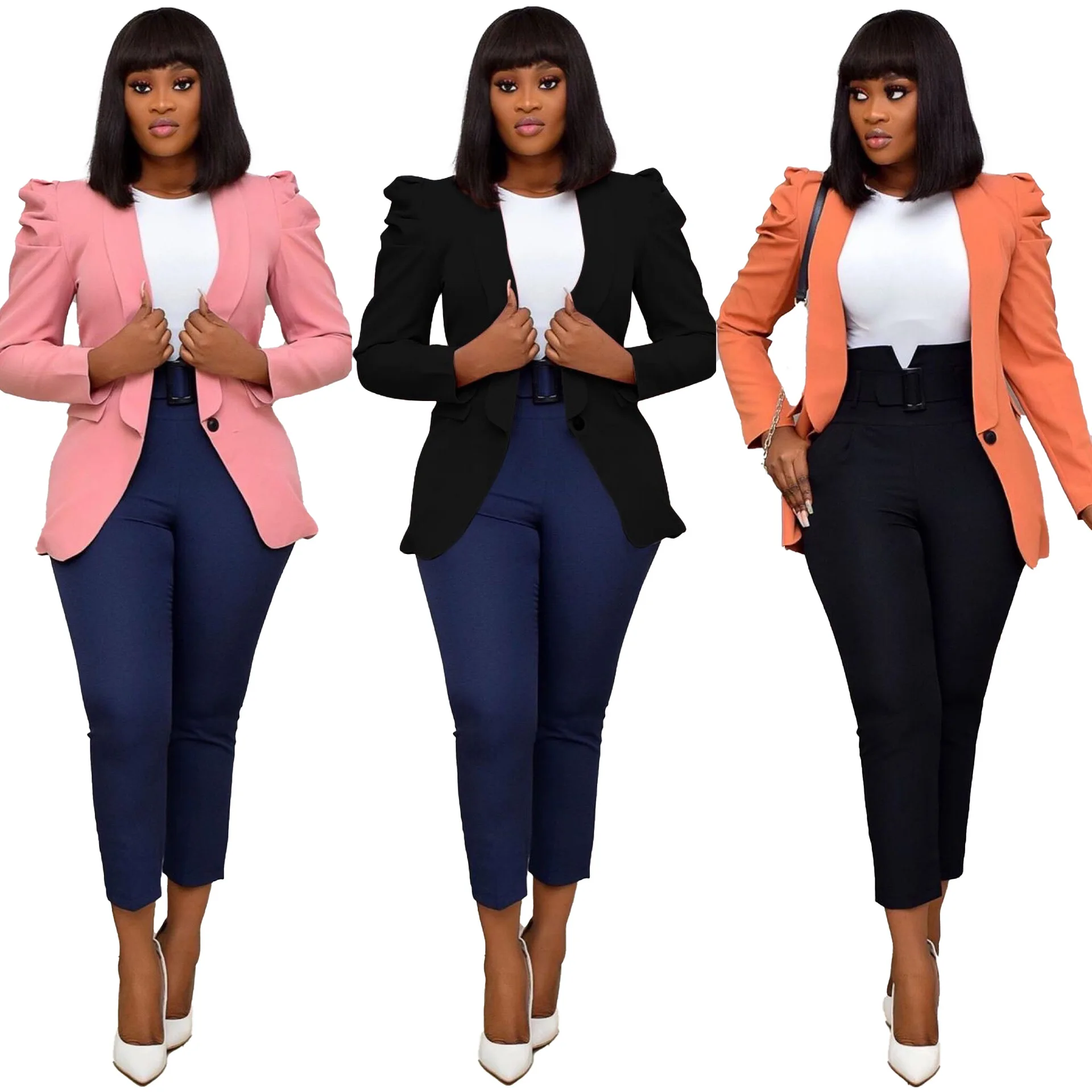 

women professional business suits solid color elegant long sleeves shirring one piece workout suit women clothing business, Pink/black/orange